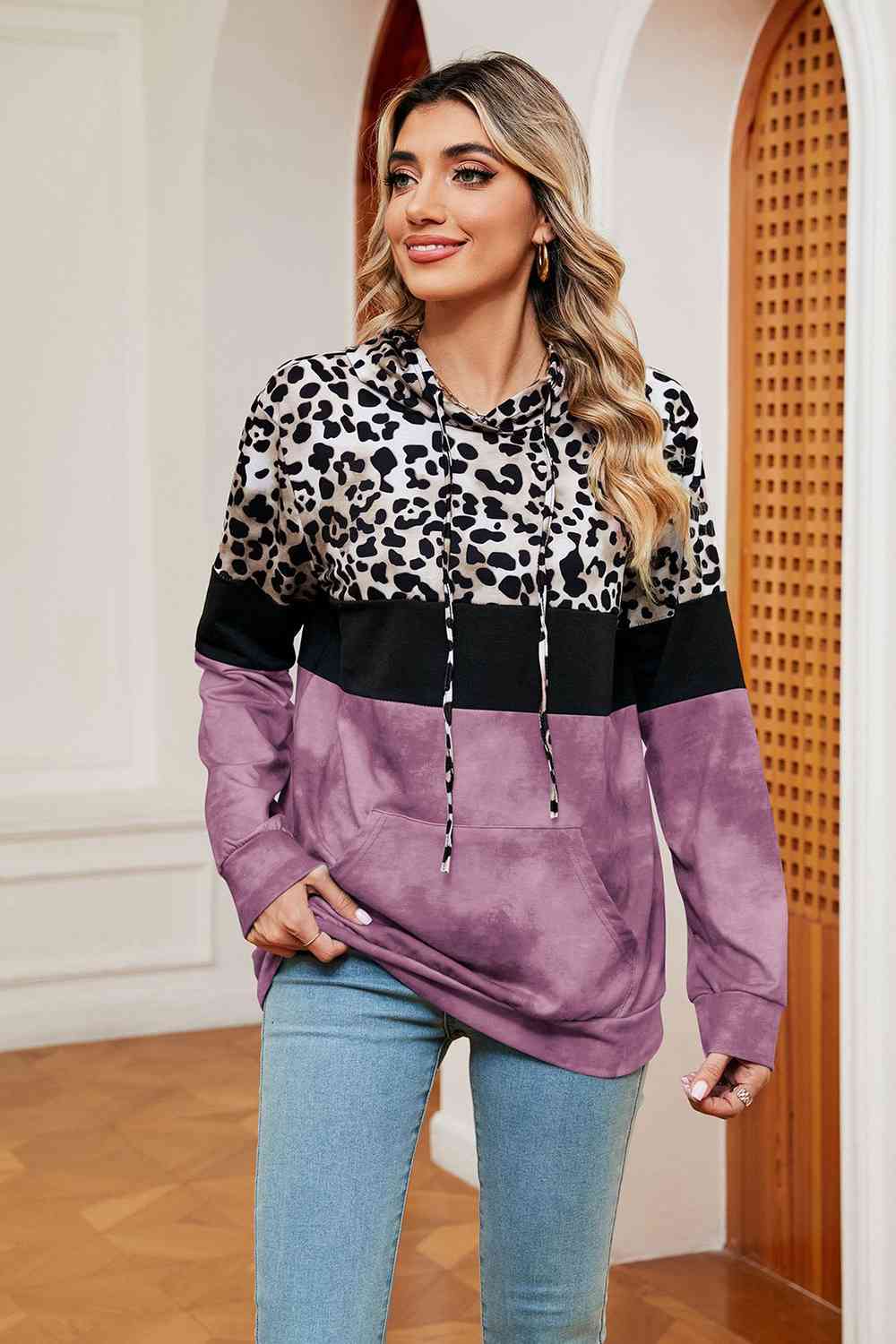 Leopard Drawstring Hoodie with Pocket