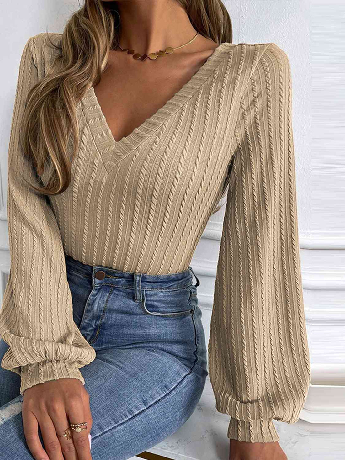 Ribbed V-Neck Lantern Sleeve Top