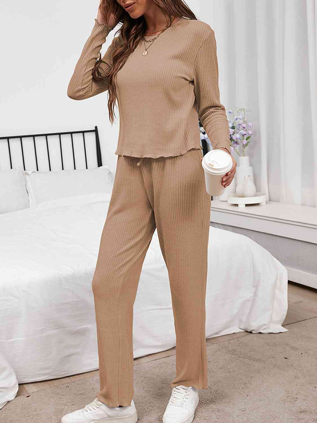 Round Neck Long Sleeve Top and Drawstring Pants Lounge Set