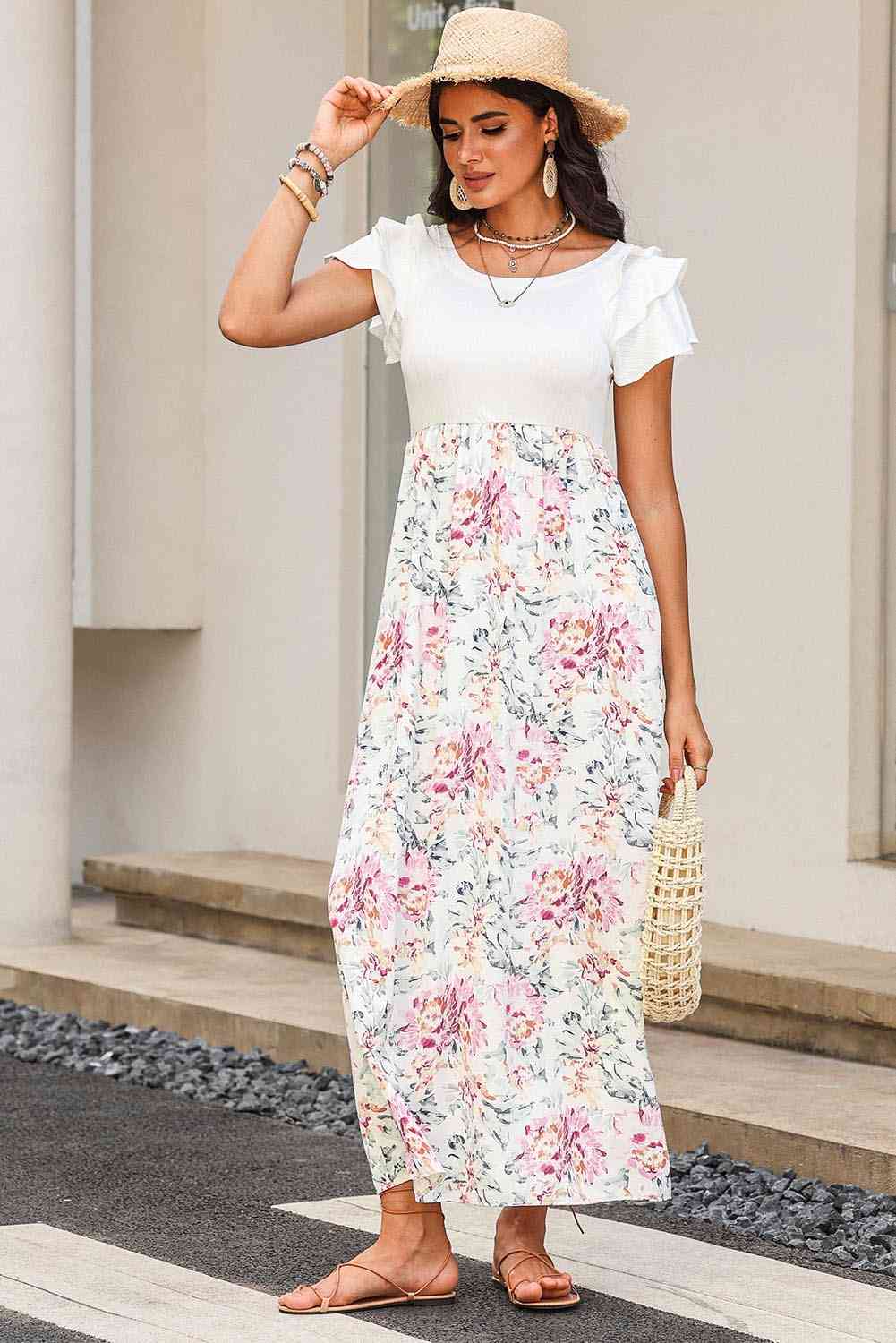 Round Neck Ruffled Short Sleeve Dress