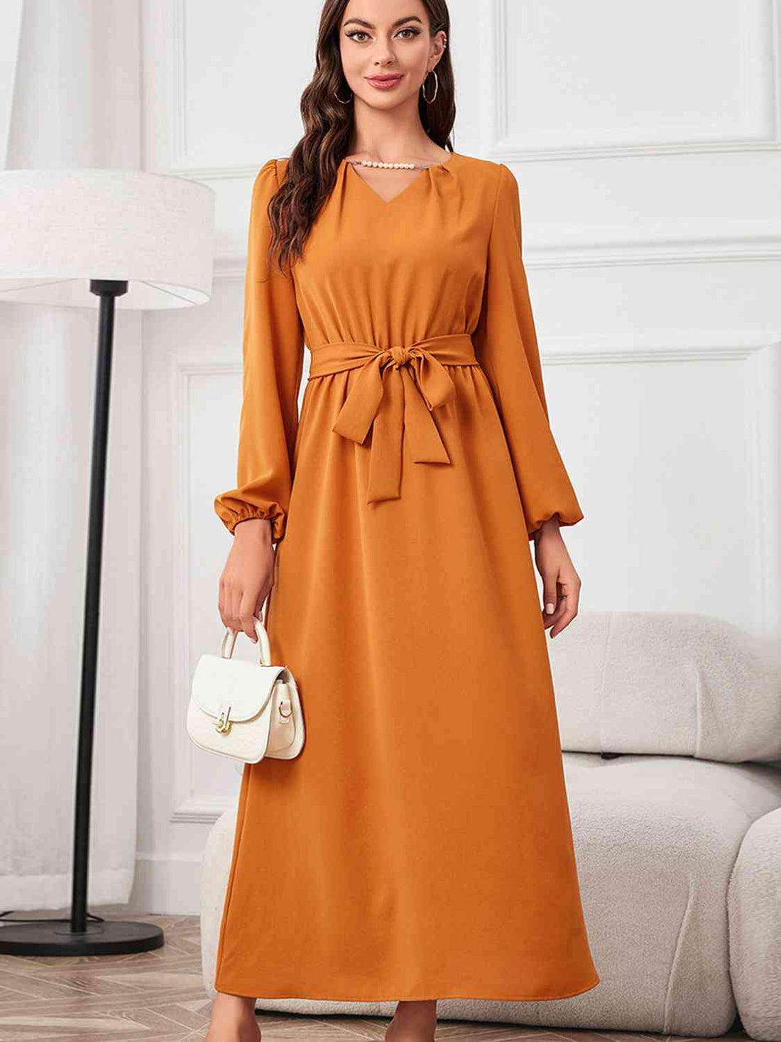 Tie Waist Puff Sleeve Maxi Dress