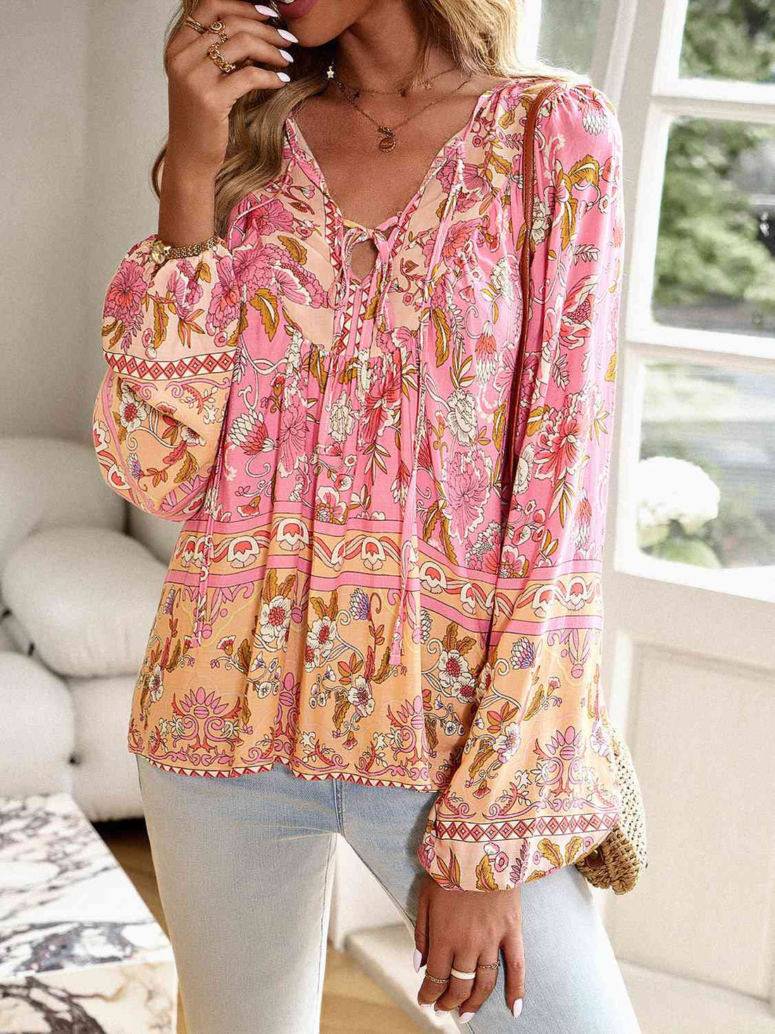 Floral Tie Neck Puff Sleeve Blouse