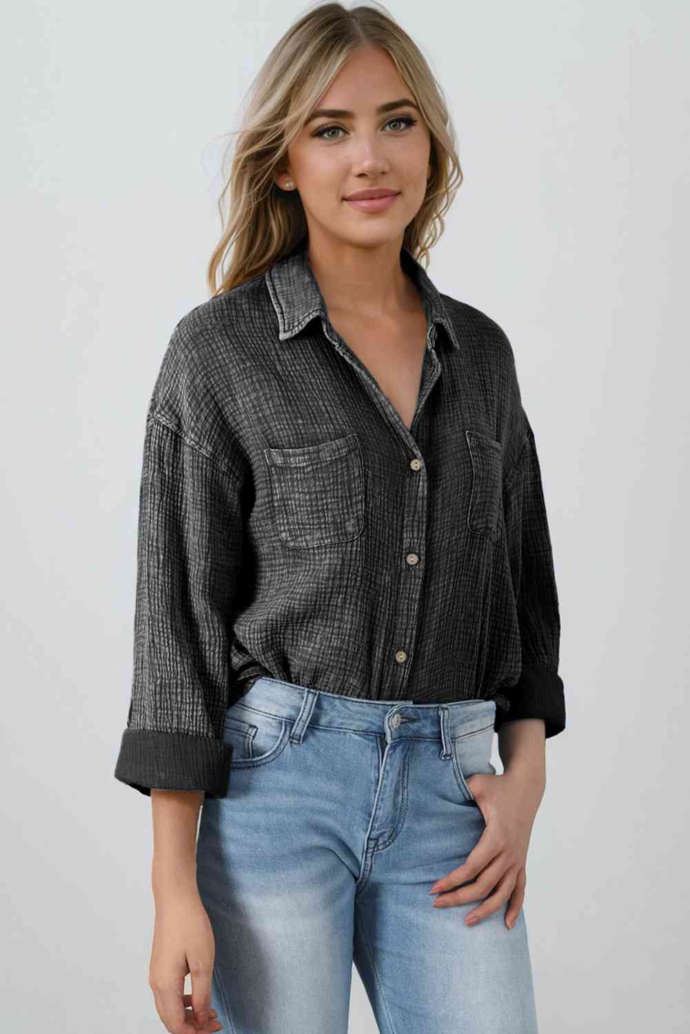 Mineral Wash Crinkle Textured Chest Pockets Shirt