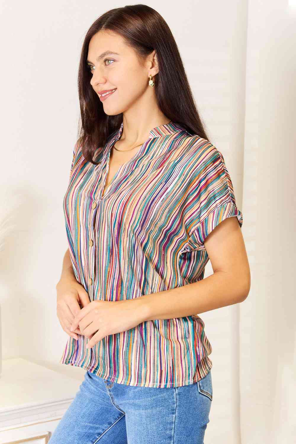 Double Take Multicolored Stripe Notched Neck Top