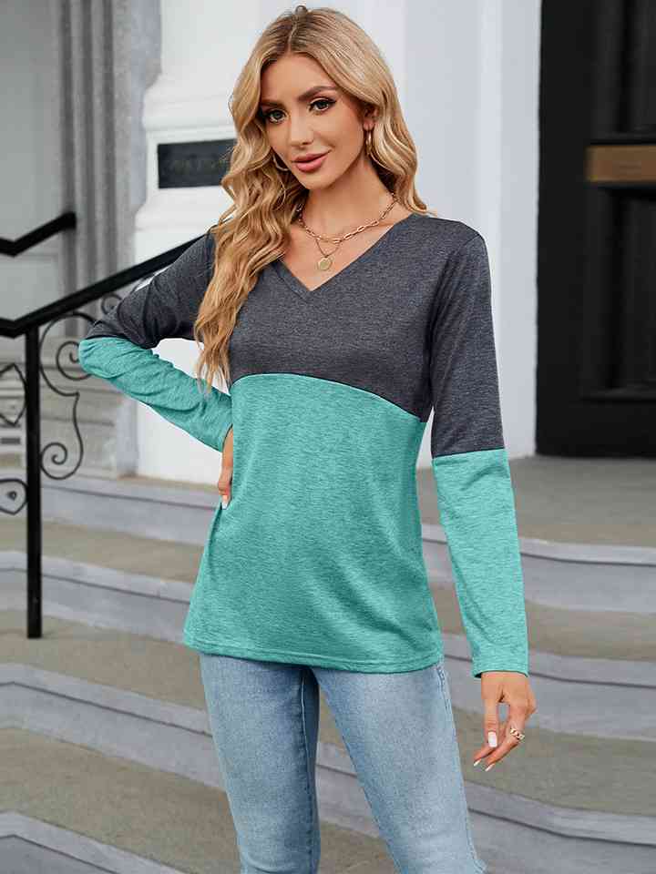 V-Neck Long Sleeve Two-Tone T-Shirt