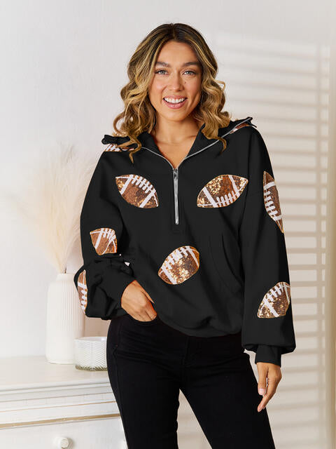 Sequin Football Patch Half-Zip Hoodie