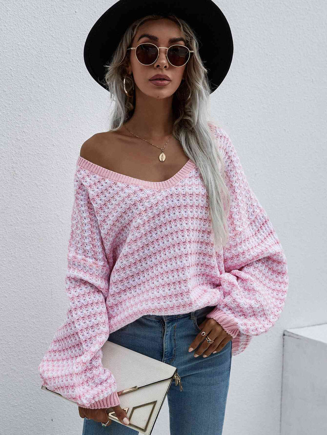 Striped Drop Shoulder V-Neck Pullover Sweater