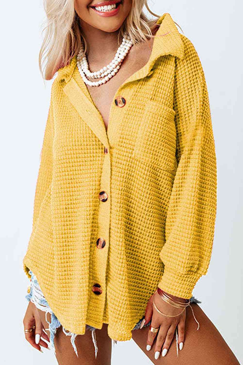 Waffle-Knit Button Up Long Sleeve Shirt with Pocket