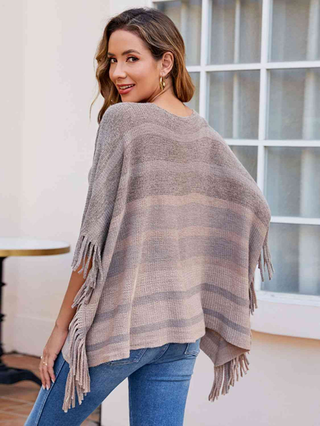 Striped Boat Neck Poncho with Fringes