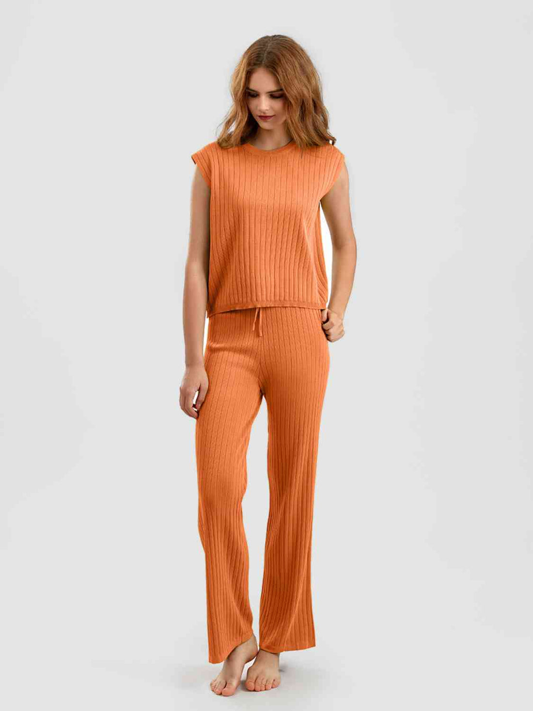 Ribbed Sweater Vest and Drawstring Knit Pants Set