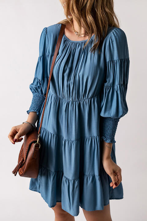 Ruched Round Neck Lantern Sleeve Dress