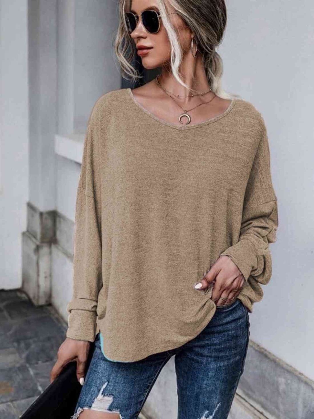 Full Size Round Neck Dropped Shoulder Tied T-Shirt