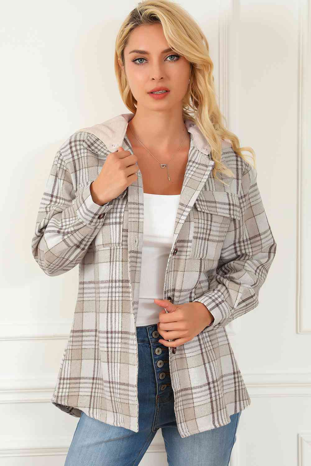 Plaid Button Down Hooded Jacket