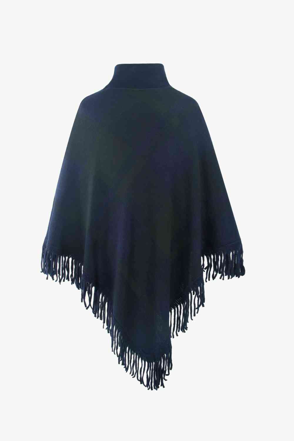 Plaid Turtleneck Fringe Hem Poncho