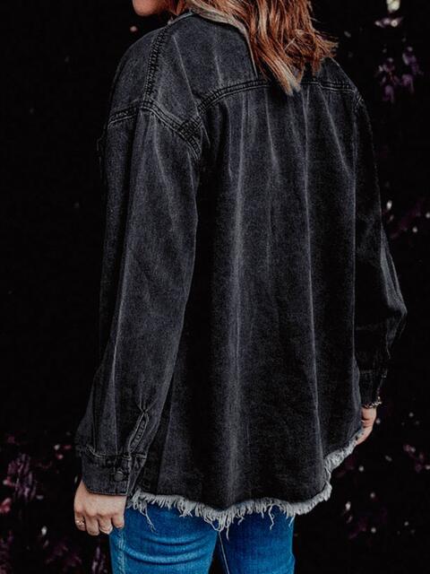 Frayed Hem Collared Denim Jacket