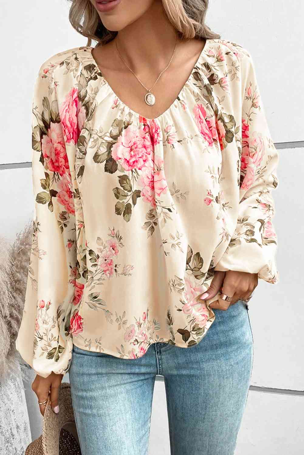 Floral V-Neck Balloon Sleeve Blouse