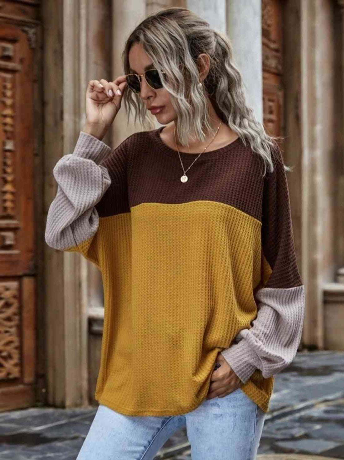 Color Block Waffle-Knit Long Sleeve Top