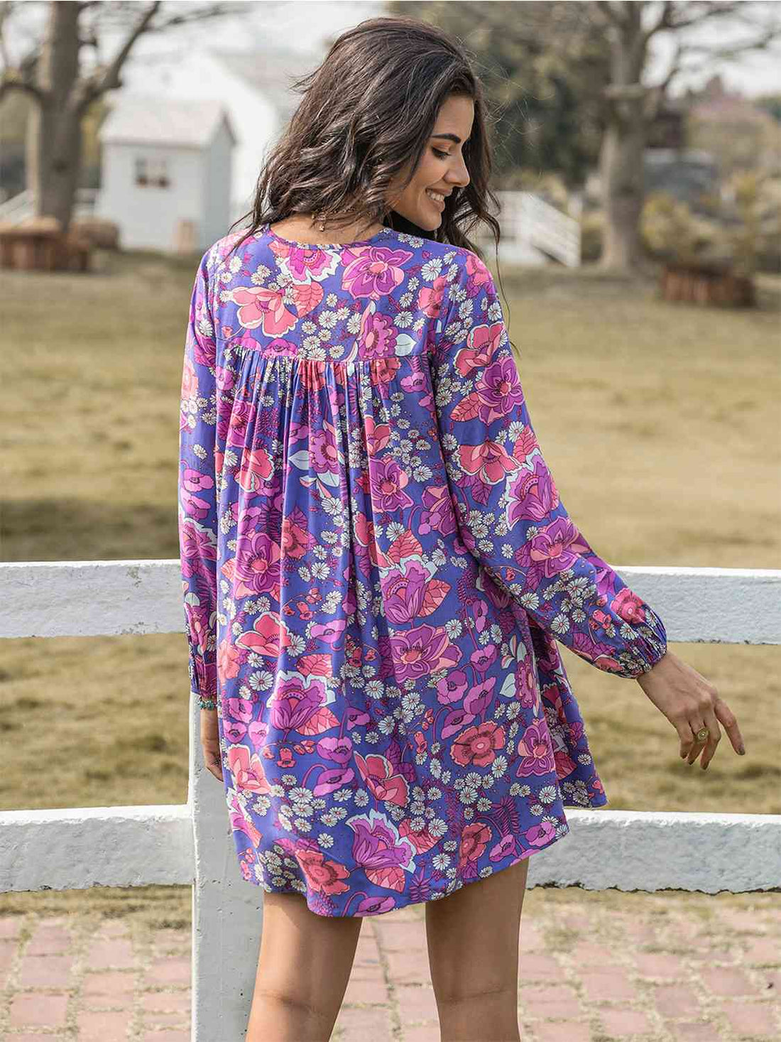 Floral Ruched V-Neck Long Sleeve Dress