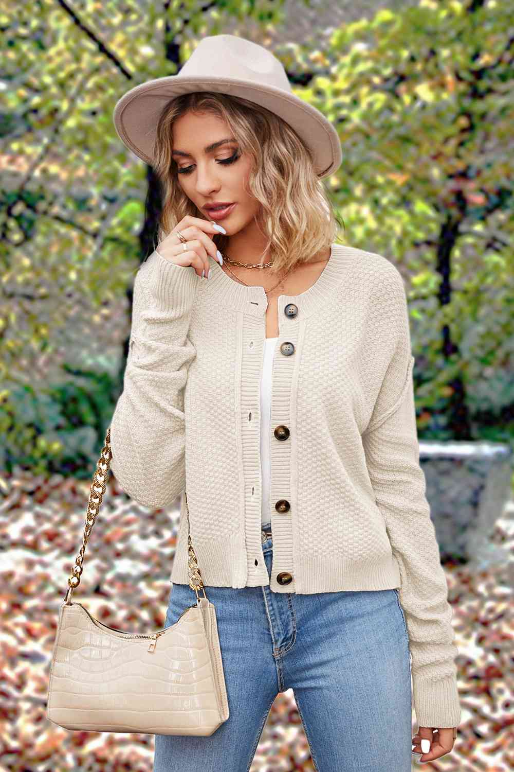 Button Up Round Neck Drop Shoulder Cardigan