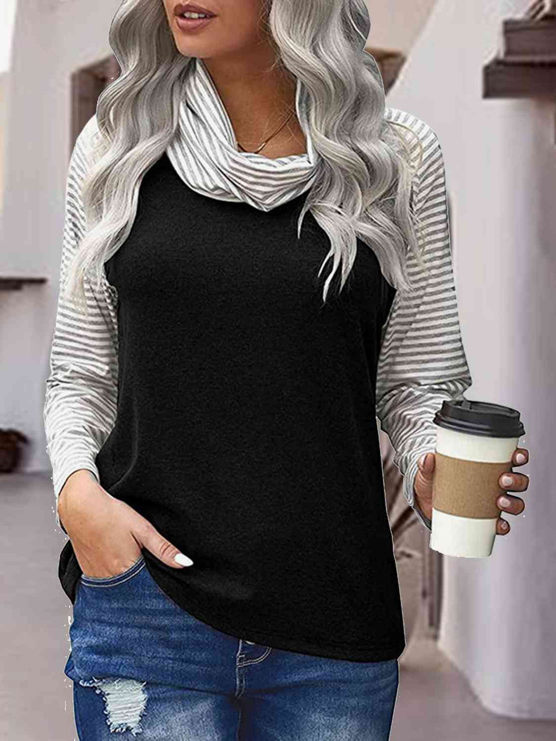 Striped Turtleneck Long Sleeve T-Shirt