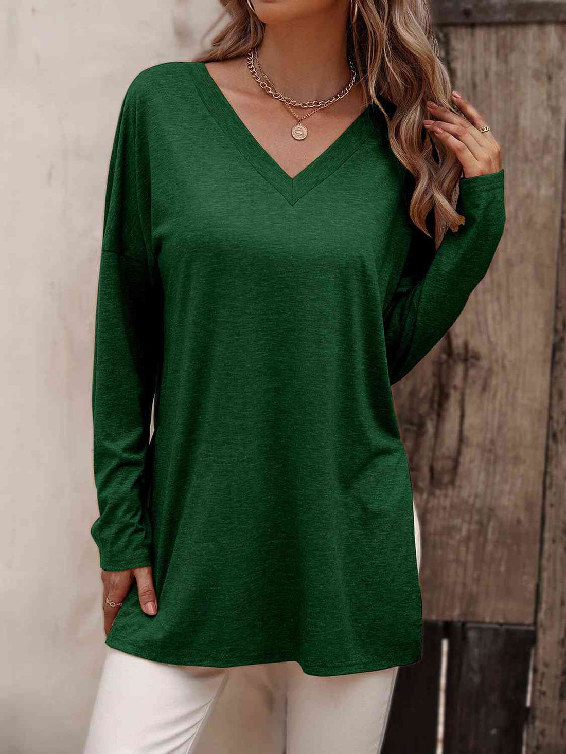 V-Neck Long Sleeve Slit Top