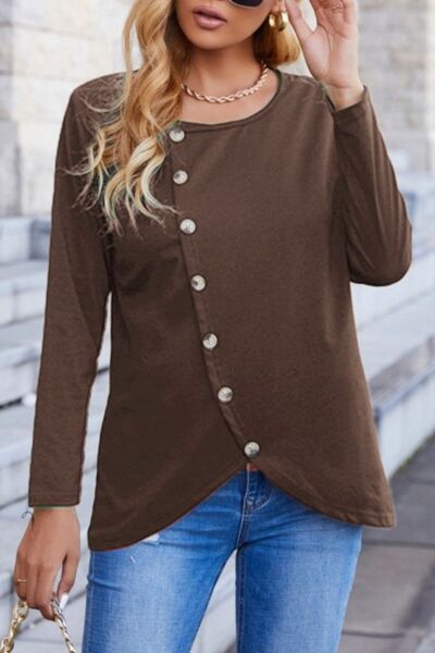 Decorative Button Round Neck Long Sleeve T-Shirt