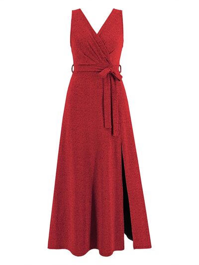 Slit Surplice Tie Waist Sleeveless Dress