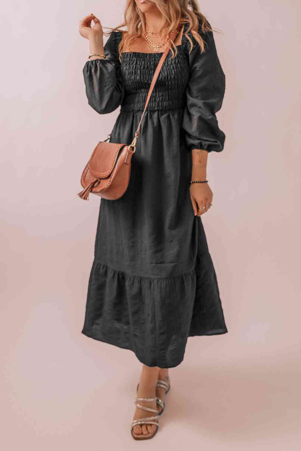 Square Neck Smocked Long Sleeve Dress