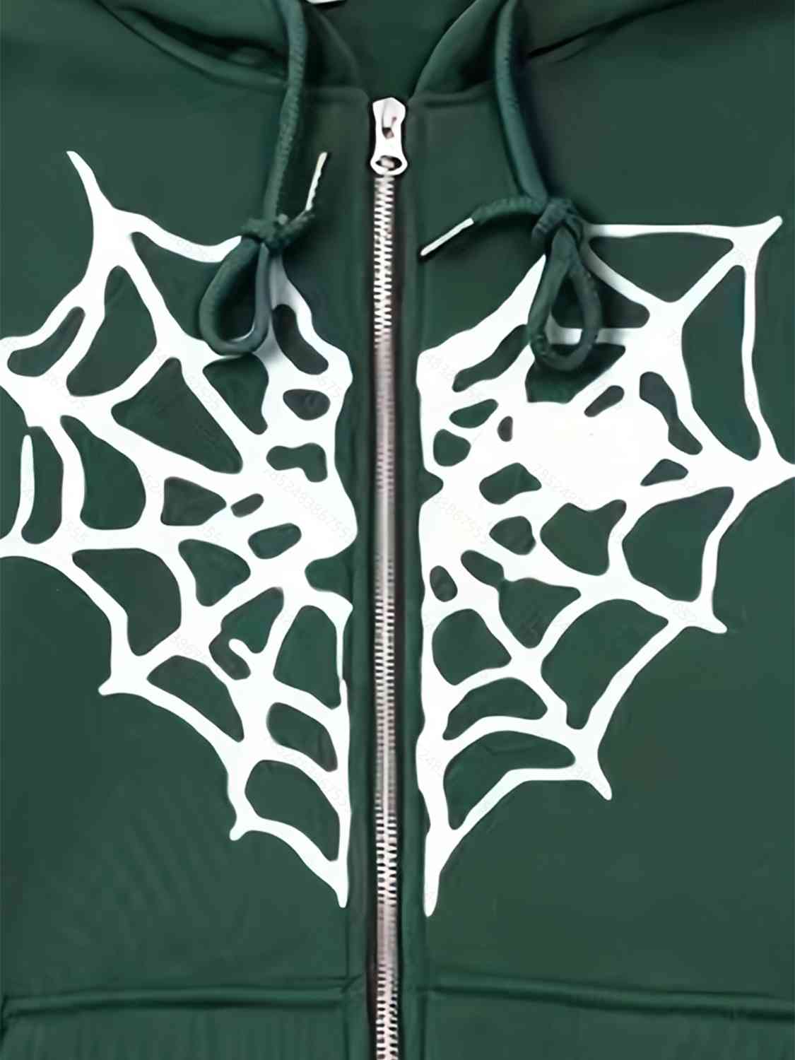 Spiderweb Graphic Drawstring Zip Up Hooded Jacket