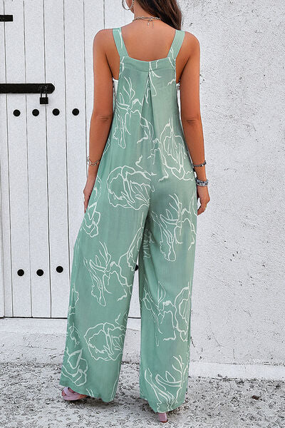 Printed Wide Strap Jumpsuit with Pockets