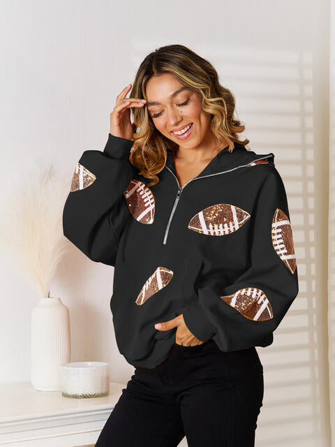 Sequin Football Patch Half-Zip Hoodie