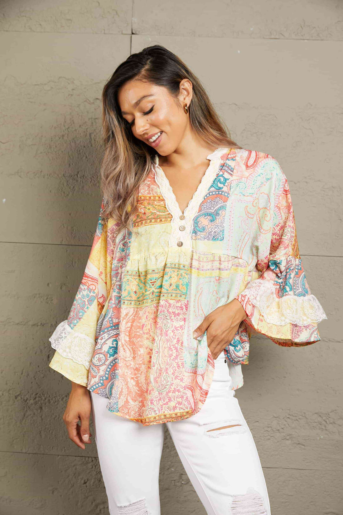 Double Take Printed Lace Trim Buttoned Blouse