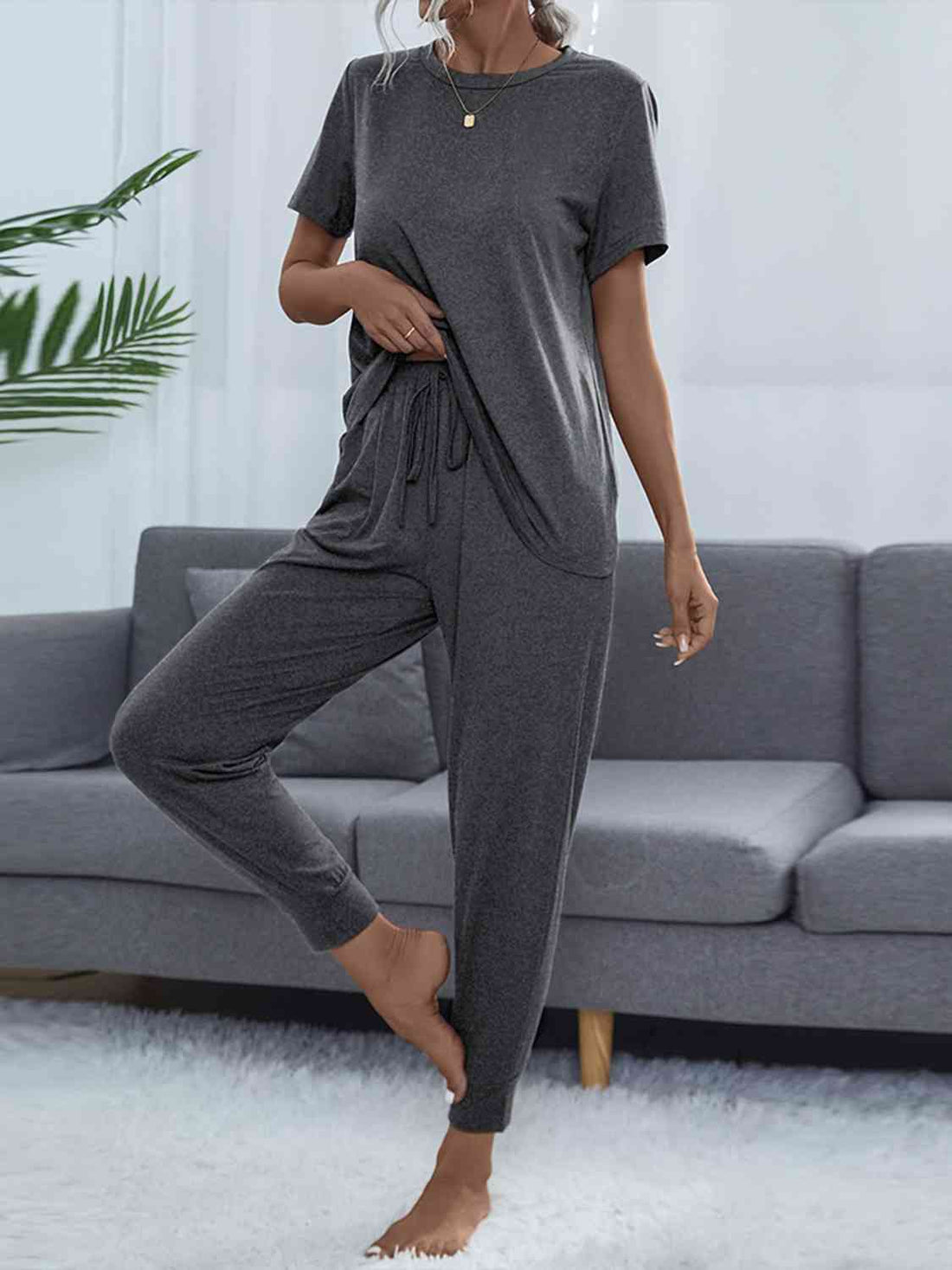 Round Neck Short Sleeve Top and Pants Set