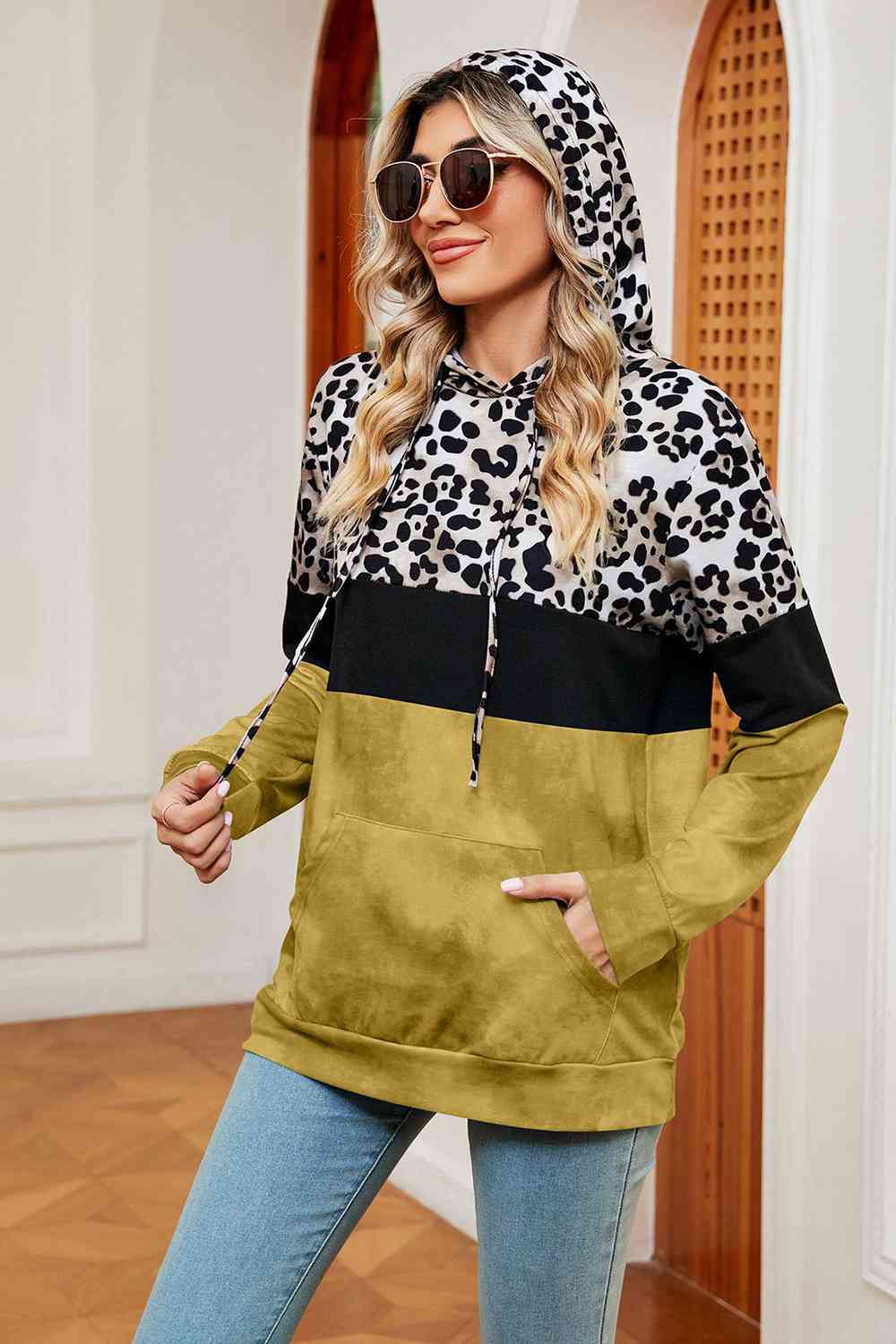 Leopard Drawstring Hoodie with Pocket