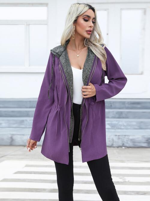 Zip Up Drawstring Hooded Trench Coat