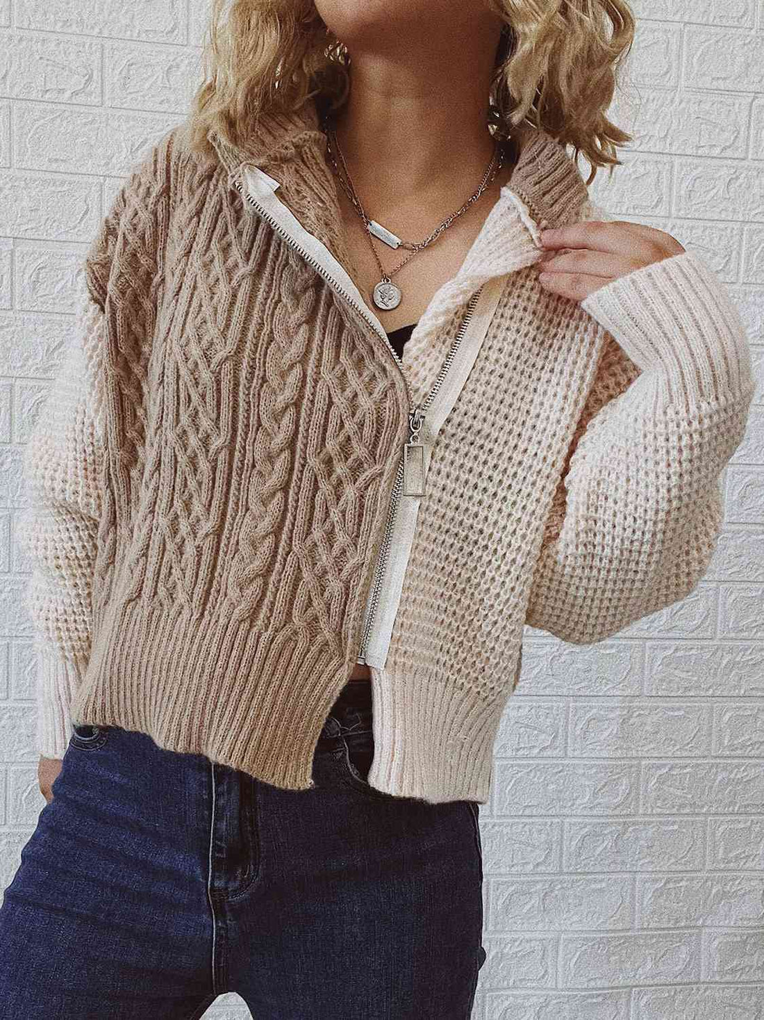 Cable-Knit Contrast Zip-Up Cardigan