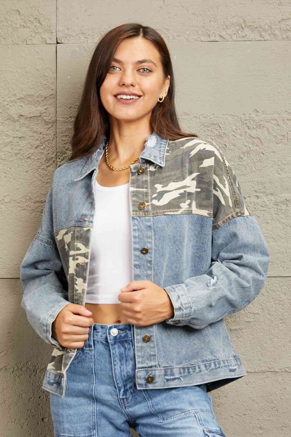 GeeGee Full Size Washed Denim Camo Contrast Jacket