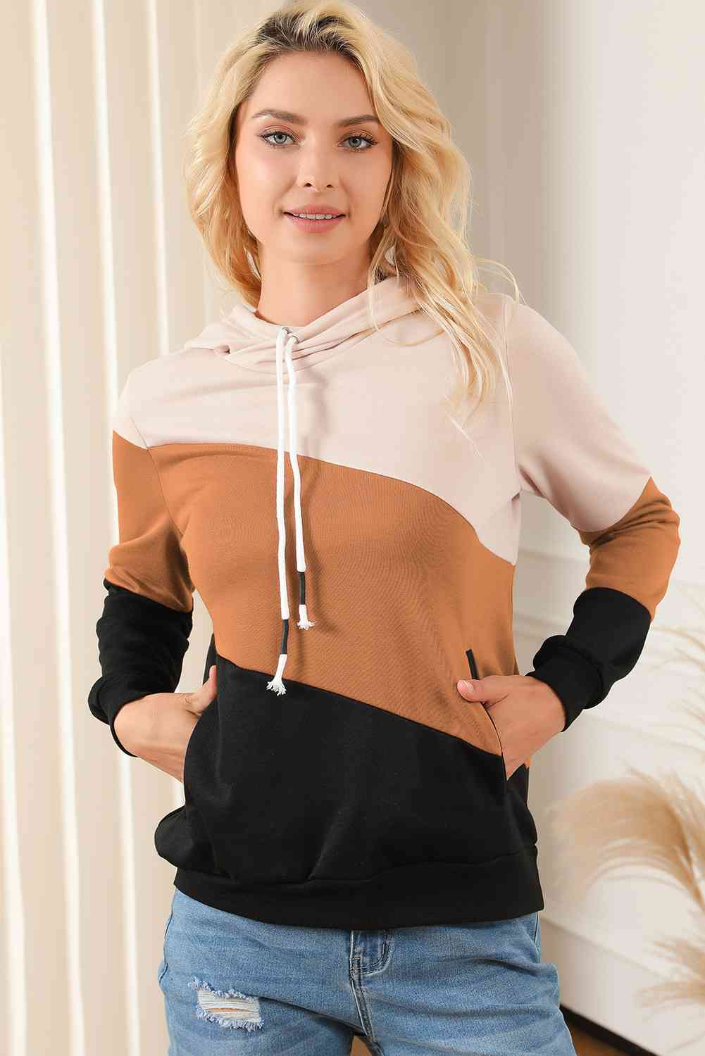 Color Block Drawstring Hoodie with Pockets