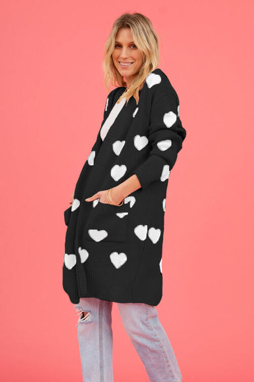 Heart Graphic Open Front Cardigan with Pockets