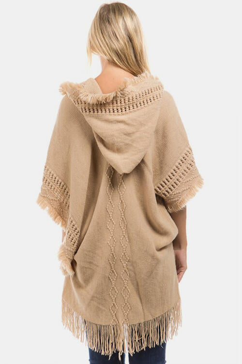 Fringed Crochet Buttoned Hooded Poncho