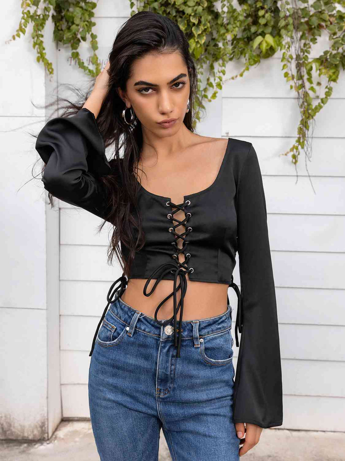 Flare Sleeve Lace Up Crop Top