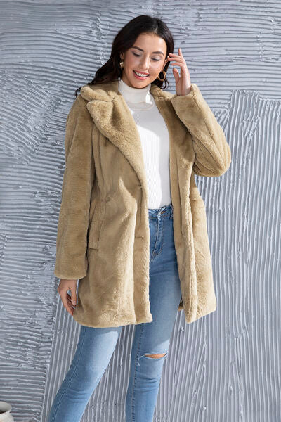 Fuzzy Button Up Lapel Collar Coat