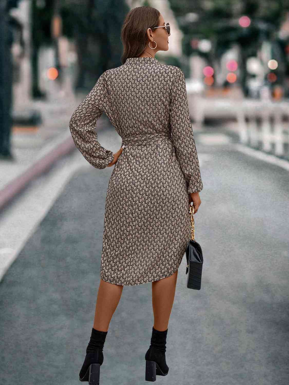 Printed Notched Tie Front Long Sleeve Dress