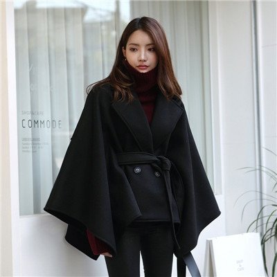 Elegant Winter Poncho Cape Coat – Plus Size S-6XL | Black Cloak for Women