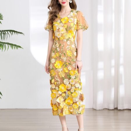 Women Elegant Embroidery Elegant Puffed Sleeve Dress V Neck Slit Dress