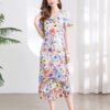 Women Elegant Embroidery Elegant Puffed Sleeve Dress V Neck Slit Dress