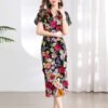 Women Elegant Embroidery Elegant Puffed Sleeve Dress V Neck Slit Dress