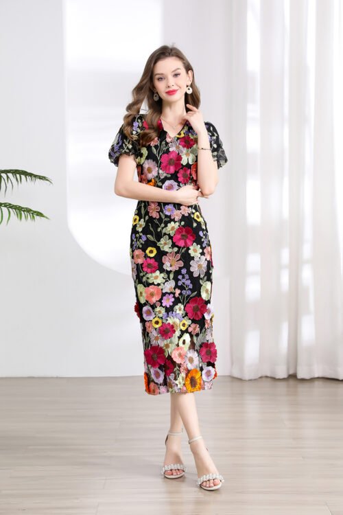 Women Elegant Embroidery Elegant Puffed Sleeve Dress V Neck Slit Dress