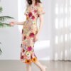 Women Elegant Embroidery Elegant Puffed Sleeve Dress V Neck Slit Dress