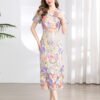 Women Elegant Embroidery Elegant Puffed Sleeve Dress V Neck Slit Dress
